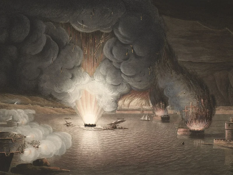 1765-Archibald Robertson - Veduta della distruzione delle navi e dell'arsenale francesi a Tolone da parte della flotta britannica il 18 dicembre 1793